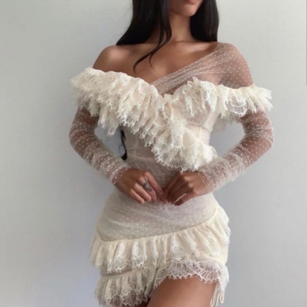 Sheer Lace Ruffle Off-Shoulder Mini Dress - Cream